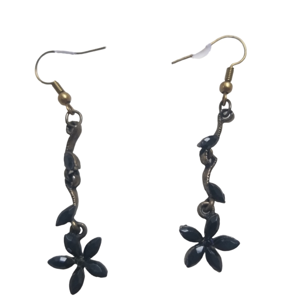 Black Crystal Hanging Flower & Leaf Earrings